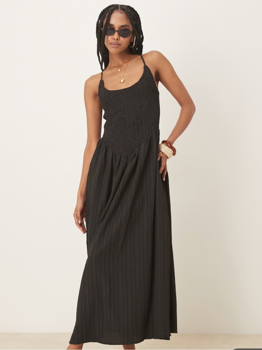 ASOS drop waist - scoop neck crinkle maxi sundress with cross back in black